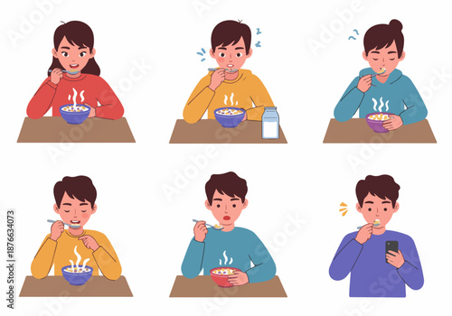Young people eating breakfast cereal, showing various expressions and daily routines, including a happy eater, a tired one, and someone on their phone.