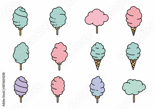 A charming collection of pastel-colored cotton candy illustrations on sticks and in ice cream cones, perfect for sweet treats and carnival themes.