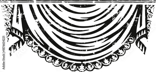 Vintage theatrical curtain in black and white with ornate design and draped fabric