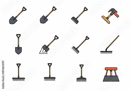 Flat Design Vector Icons: Shovels, Rakes, and Essential Gardening & Construction Tools Set for Outdoor Work and Landscaping
