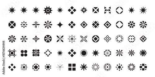 Black and white abstract shapes geometry icon collection featuring starbursts diamond patterns and unique circular ornaments vector set design kit