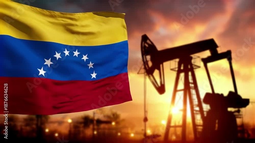 Venezuelan flag waving in front of oil pump at sunset