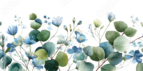 A serene watercolor illustration featuring eucalyptus leaves and blue flowers arranged in a flat lay design.