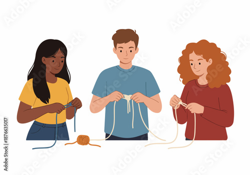 Diverse young adults enjoying a creative knitting and crocheting hobby, fostering handmade craft skills and mindful activity. An illustration of group learning and shared artistic passion.