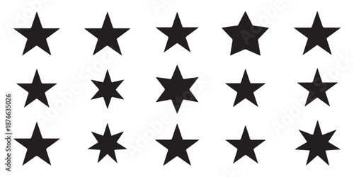 Set of different filled five pointed star icons in classic symmetrical shapes on white