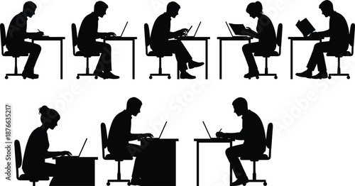 Office work silhouettes set, people working on laptop desks, business productivity scenes, professional workspace, remote work concept, black silhouette illustration
