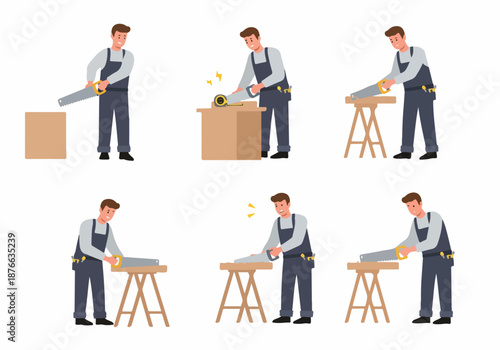 Man sawing wood planks in various poses, demonstrating carpentry and woodworking tasks with hand saws and tools in a flat vector illustration.