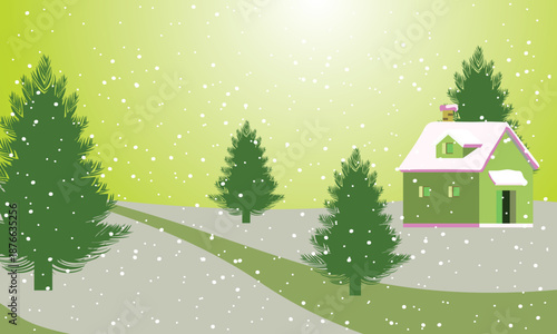 A whimsical winter scene unfolds with a charming green house nestled amongst snow-dusted evergreen trees, all under a soft, falling snowfall, creating a serene and idyllic holiday atmosphere