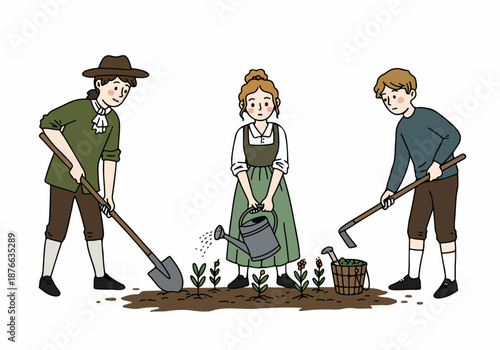 Charming hand-drawn illustration depicting a trio of individuals in historical attire diligently engaged in garden cultivation and plant care.