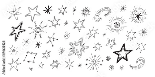 Hand drawn doodle stars collection various shapes celestial elements sketch outline vector isolated on background