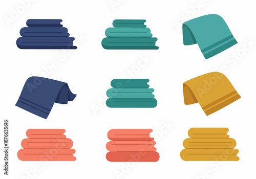 Colorful collection of bath and hand towels in various folded and stacked arrangements, featuring blue, green, orange, and yellow hues, in a flat vector style.
