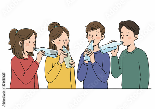 Group of young cartoon people staying hydrated by drinking water from bottles, emphasizing health, wellness, and a communal healthy lifestyle.