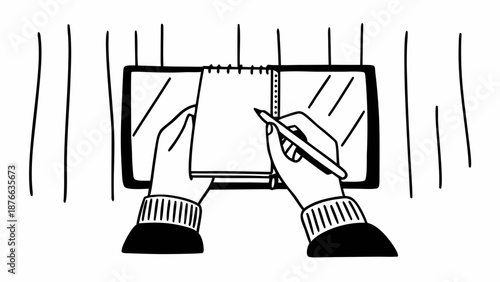 A person sketching in a notebook on a desk viewed from the front