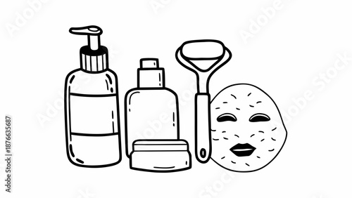 A collection of skincare products and tools arranged on a clean white background, viewed from a straightforward angle.