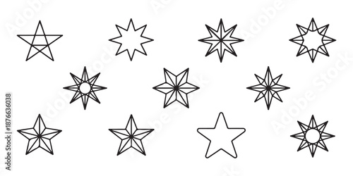 Star shapes outline celestial collection various pointed pentagrams and detailed geometric sparkle symbols set isolated