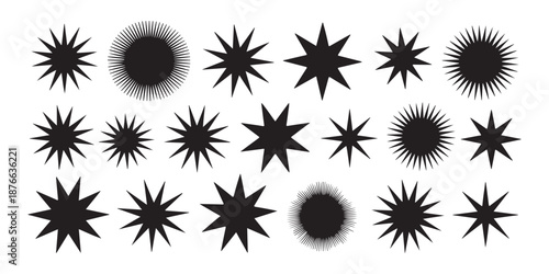 Explosion of pointed starburst shapes various geometric celestial icons abstract decorative radial vector silhouettes bundle