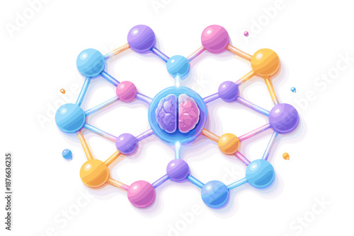 Abstract network of colorful spheres connected to a central brain illustration