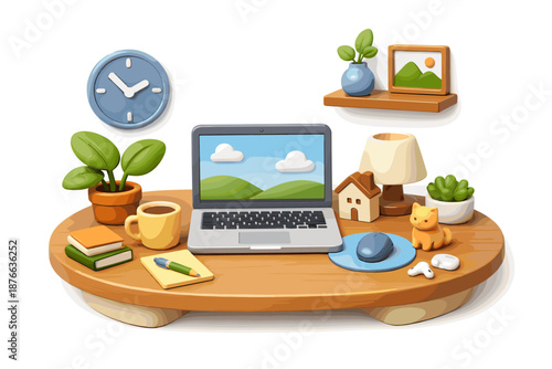 Cozy cartoon desk setup with laptop, plants, and cute decor for remote work