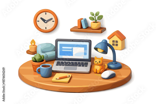 Cozy home office setup with a laptop, coffee, and cute cat figurine