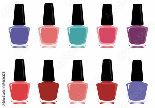A vibrant collection of ten nail polish bottles in various shades of purple, pink, red, and teal, showcasing a colorful assortment for beauty and manicure.
