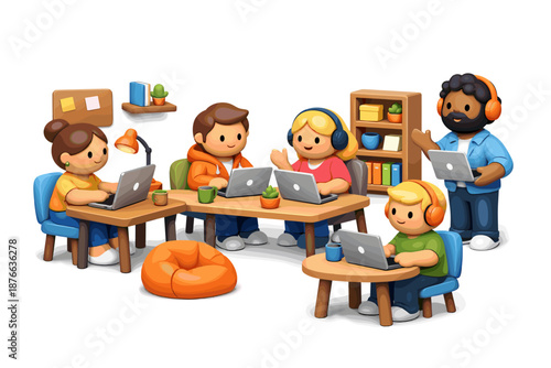 Diverse group of children and adults collaborating on laptops in a modern learning environment