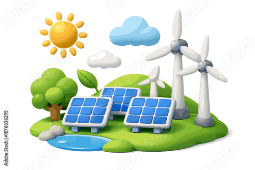 Cartoon illustration of renewable energy sources including solar panels and wind turbines