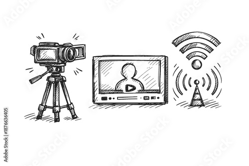 Hand-drawn sketch of video production equipment and wireless signal transmission