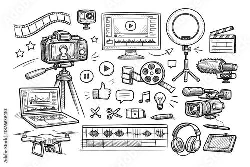 Doodle illustration of video production equipment and elements