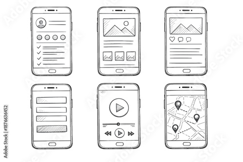 Hand-drawn sketches of six different mobile app interfaces on white background