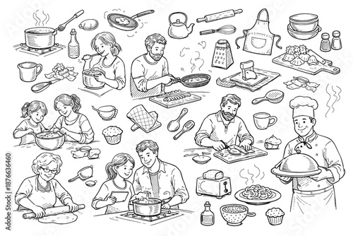 Diverse families and a chef enjoy cooking and baking together in a charming sketch.