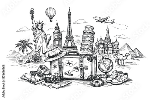 Iconic landmarks and travel essentials create a collage of global adventure
