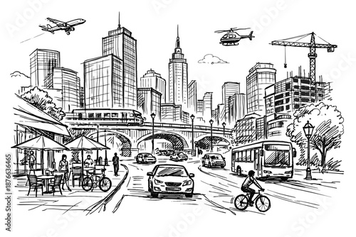 Sketch of a bustling city street with diverse transportation and architecture