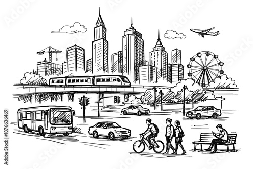 Sketch of a bustling city skyline with diverse transportation and people