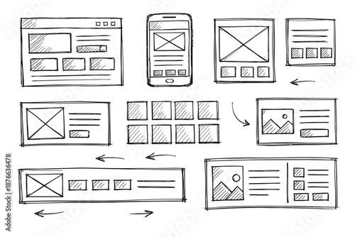Hand-drawn website wireframes and mobile app layouts for design planning