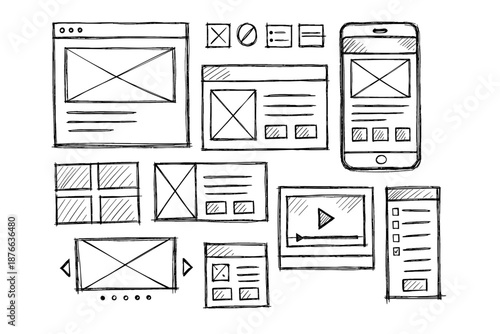 Hand-drawn website and app wireframe sketches for user interface design