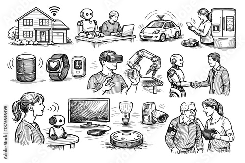 Collage of smart home and technology illustrations depicting future living.