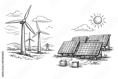 Sketch of wind turbines and solar panels generating clean energy