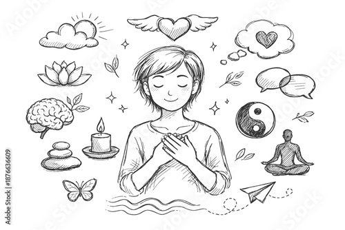 Person meditating with hands on chest surrounded by symbols of peace and mindfulness