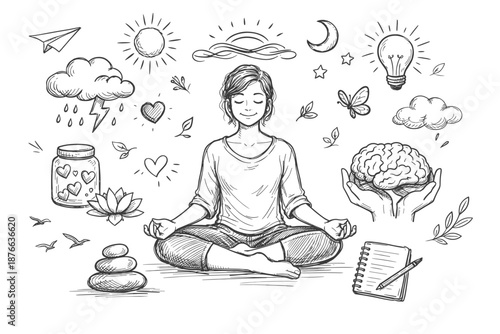 Woman meditating surrounded by symbols of mental well-being and nature