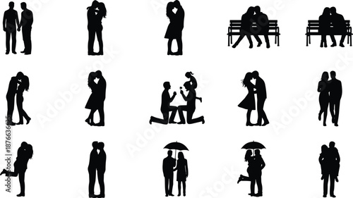 Romantic couple silhouettes set, love relationship poses, dating proposal moments, affectionate partners, romance concept, black silhouette illustration collection