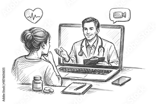 Patient consults with doctor online via video call, receiving medical advice remotely