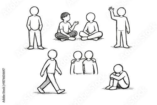 Collection of simple line drawings depicting various human poses and interactions