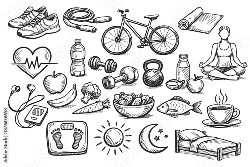 Healthy lifestyle elements including exercise, nutrition, and rest