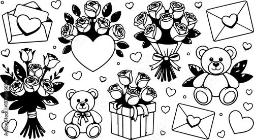 Valentine's Day Love Elements Black White Outline Set
