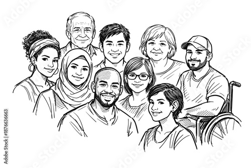 Diverse group of people smiling together, representing unity and inclusion.