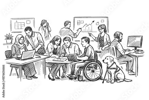 Diverse team collaborates in modern office, fostering inclusivity and teamwork.