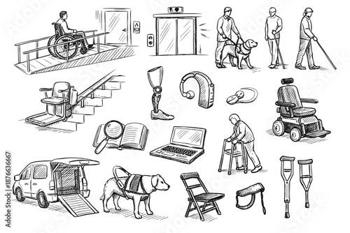 Collection of accessibility aids and assistive devices for people with disabilities