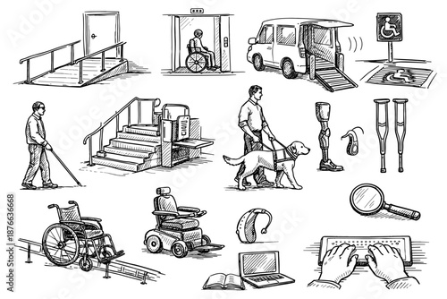 Illustrations of accessibility aids and services for people with disabilities