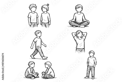 Collection of simple line drawings depicting children in various everyday poses and activities