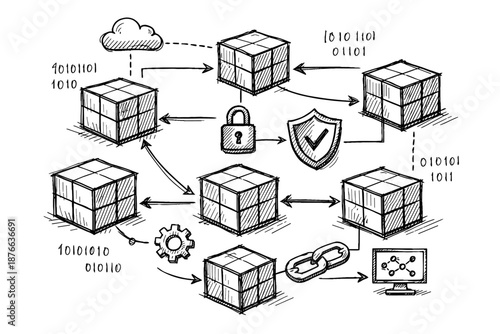Hand-drawn blockchain network diagram with security and data flow elements